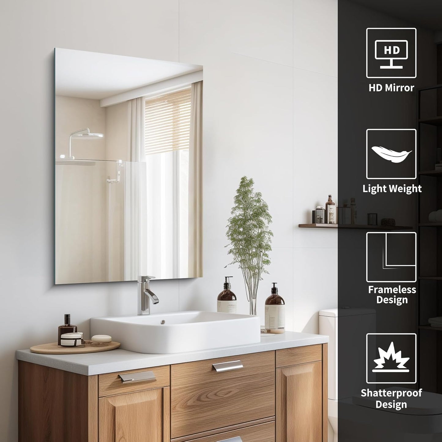 Frameless Mirror, 24x36 Inch Bathroom Mirror for Wall, Rectangle Bathroom Vanity Mirrors with Polished Edge, Hangs Horizontally or Vertically for Bathroom, Bedroom and Living Room