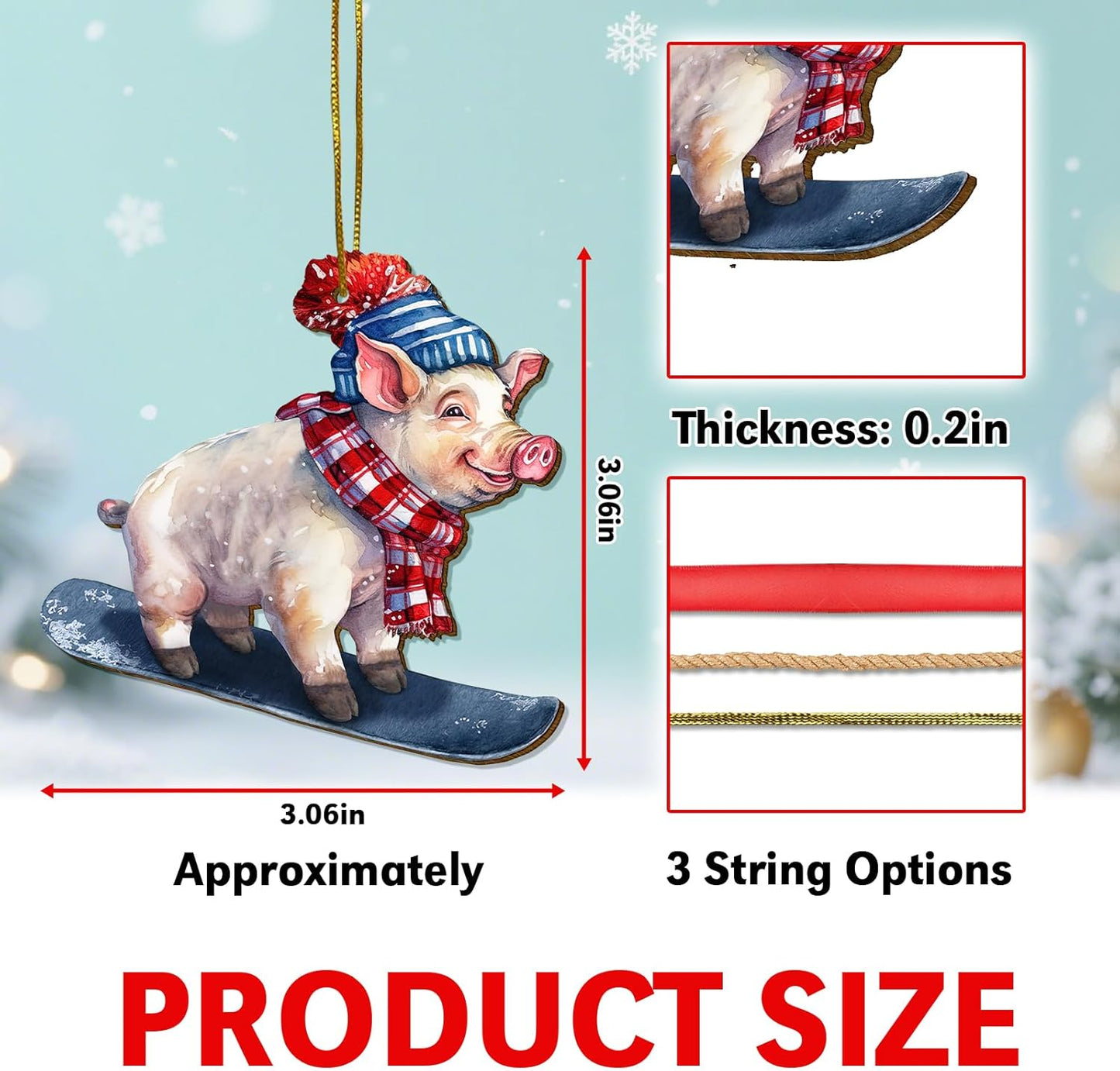 Funny Pig Ornament for Christmas Tree, 2-Side Printed Flat Wooden Ornament, Farmhouse Decor, Farm Animal Gifts for Women