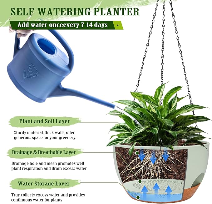 Hanging Planters for Outdoor Indoor Plants, 2 Pack 12 Inch Hanging Basket Plants Outdoor, Self Watering Hanging Planter with Plant Hanger for Garden Home Decoration (Green, 10 inch)