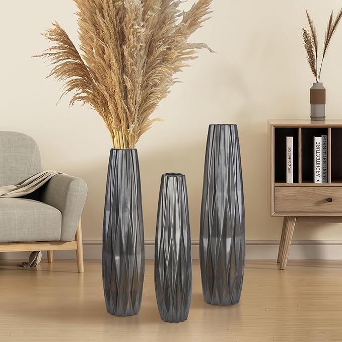 Silvery Ceramic Tall Floor Vase,17.7 Inch Large Modern Flower Vases for Home Décor,Wicker Big Floor Vase Decorations for Farmhouse, Living Room,Bedroom,Standing Plastic Vase Decorative Tall