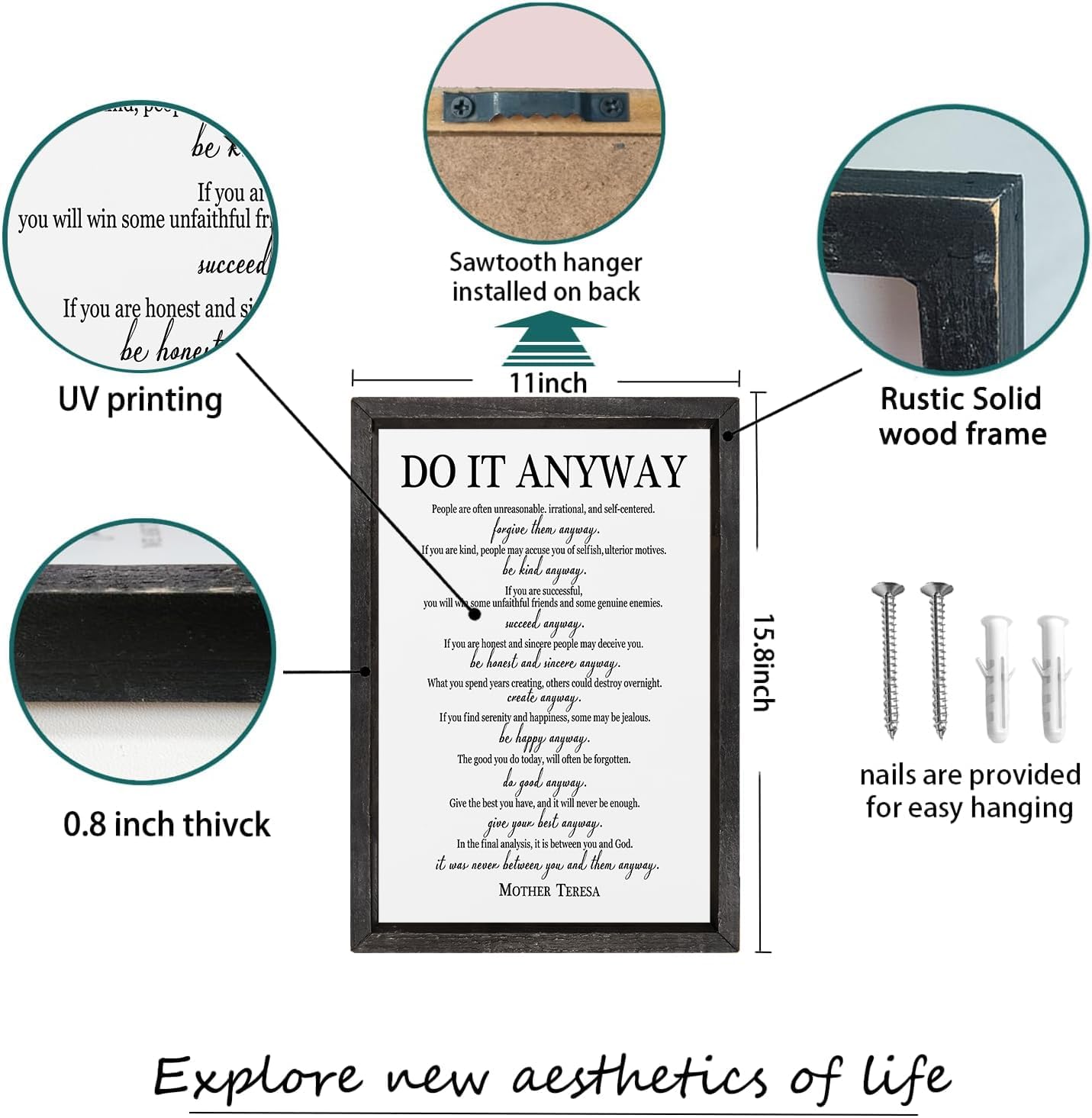 comurdyo Do It Anyway Wall Decor 16"x11" Mother Theresa Quotes Inspirational Sign Bible Verse Christian Motivational Modern Bedroom Vintage Wood Framed Farmhouse Wall Hanging Art (Black)