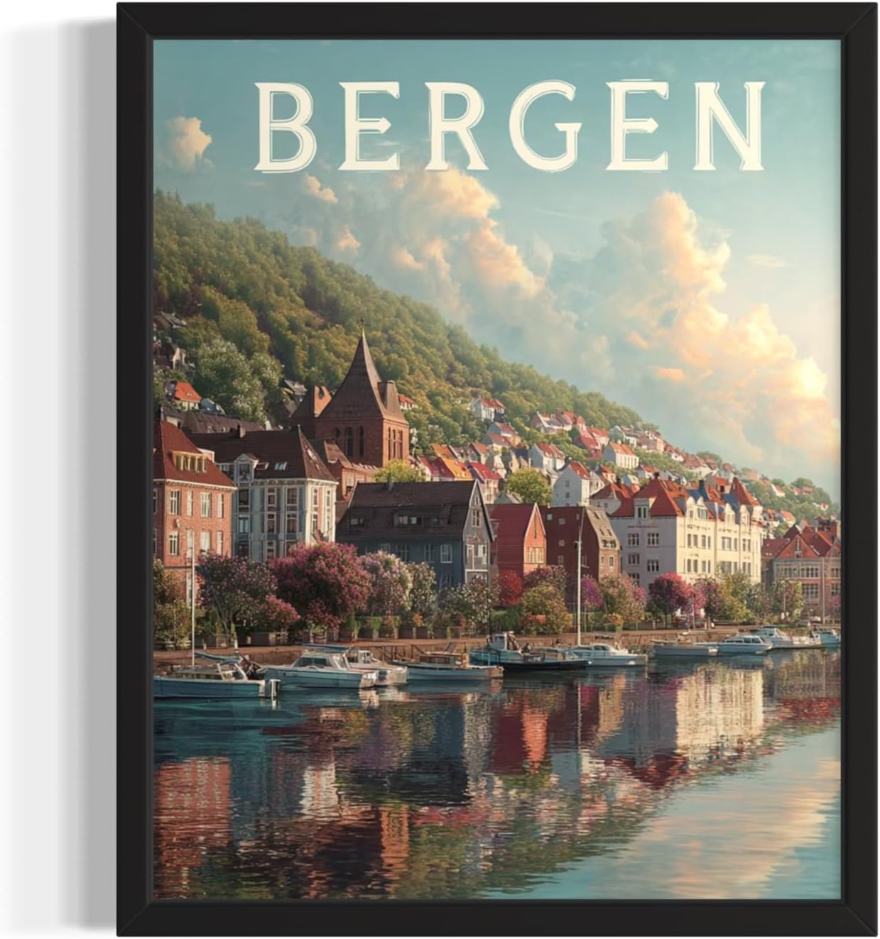 Bergen, Norway Art Print Poster, Europe Vintage City Retro Photography Skyline Travel Bedroom Bathroom Living Room Decor 183 (Bergen, Norway, 24 x 36 inches, Black Frame)