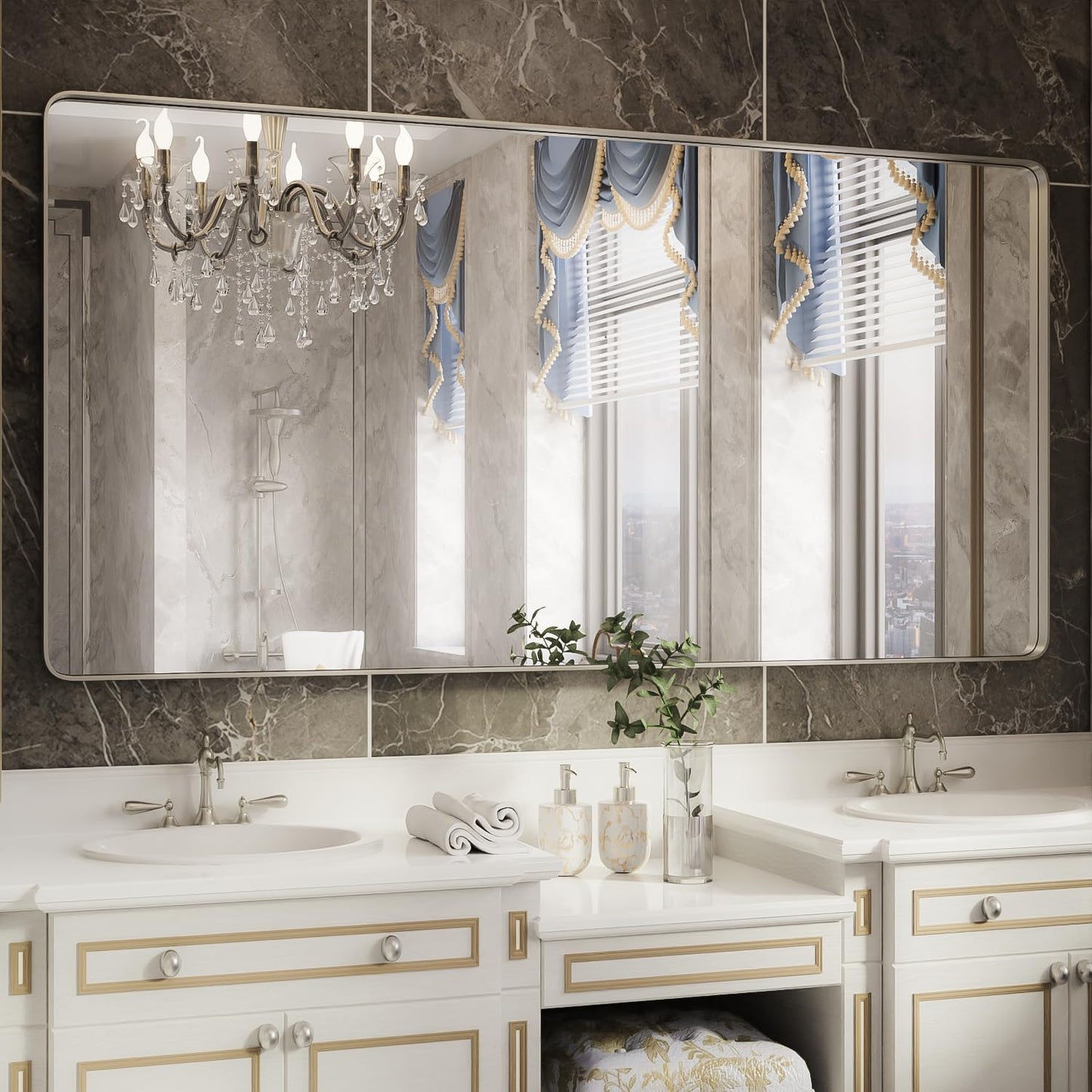 ISKM Large Silver Bathroom Mirror, 77 x 36 Inch Mirror for Wall Brushed Silver Metal Frame Rectangular Wall Mounted Minimalist Farmhouse Home Decor Hangs Horizontal or Vertical