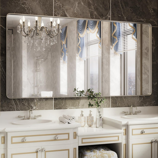 ISKM Large Silver Bathroom Mirror, 77 x 36 Inch Mirror for Wall Brushed Silver Metal Frame Rectangular Wall Mounted Minimalist Farmhouse Home Decor Hangs Horizontal or Vertical