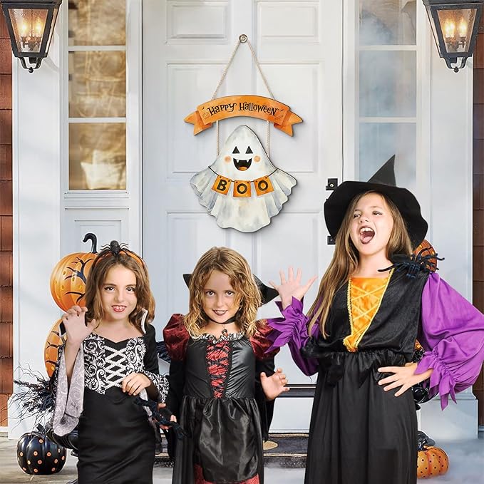 Welcome Halloween Sign,Cute Ghost Door Hanger,Happy Halloween Wall Decoration,Hey Boo Pumpkin Ghost Plaque for Front Door Indoor Outdoor Home Party Porch Yard Office Nursery Kids Room