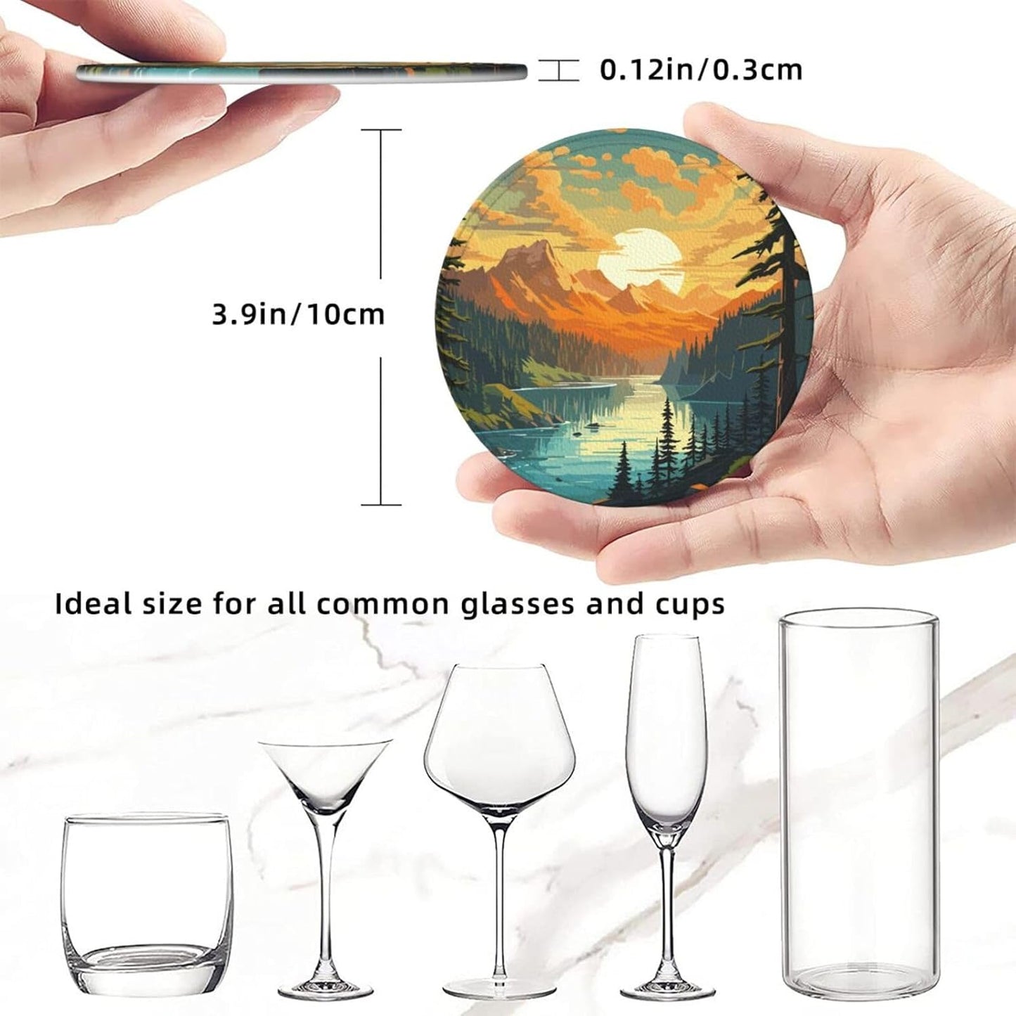 Landscape Mountain Leather Drinks Coasters with Holder, Set of 6, Suitable for Various Cups