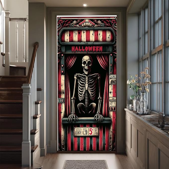 2D flat Skeleton Prison Halloween Door Banner Scary Horror Front Door Decorations for Halloween Party Indoor Outdoor Cover 71x35 Inch