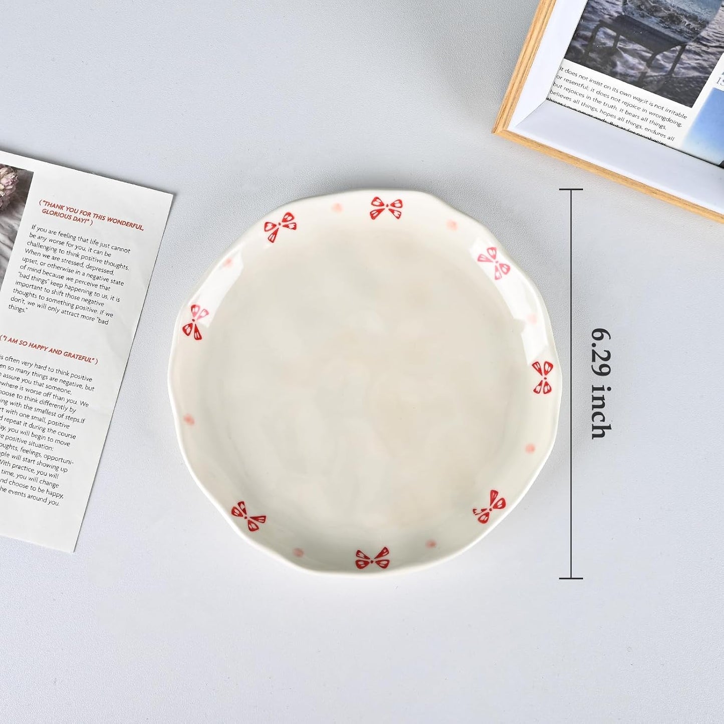 Koythin Ceramic Dessert Plates, Cute Fruits Dinner Plate, Creative Plates Design, Printed Flowers Dinnerware for Office and Home, Kitchen Plates for Desserts (Cute Bow)