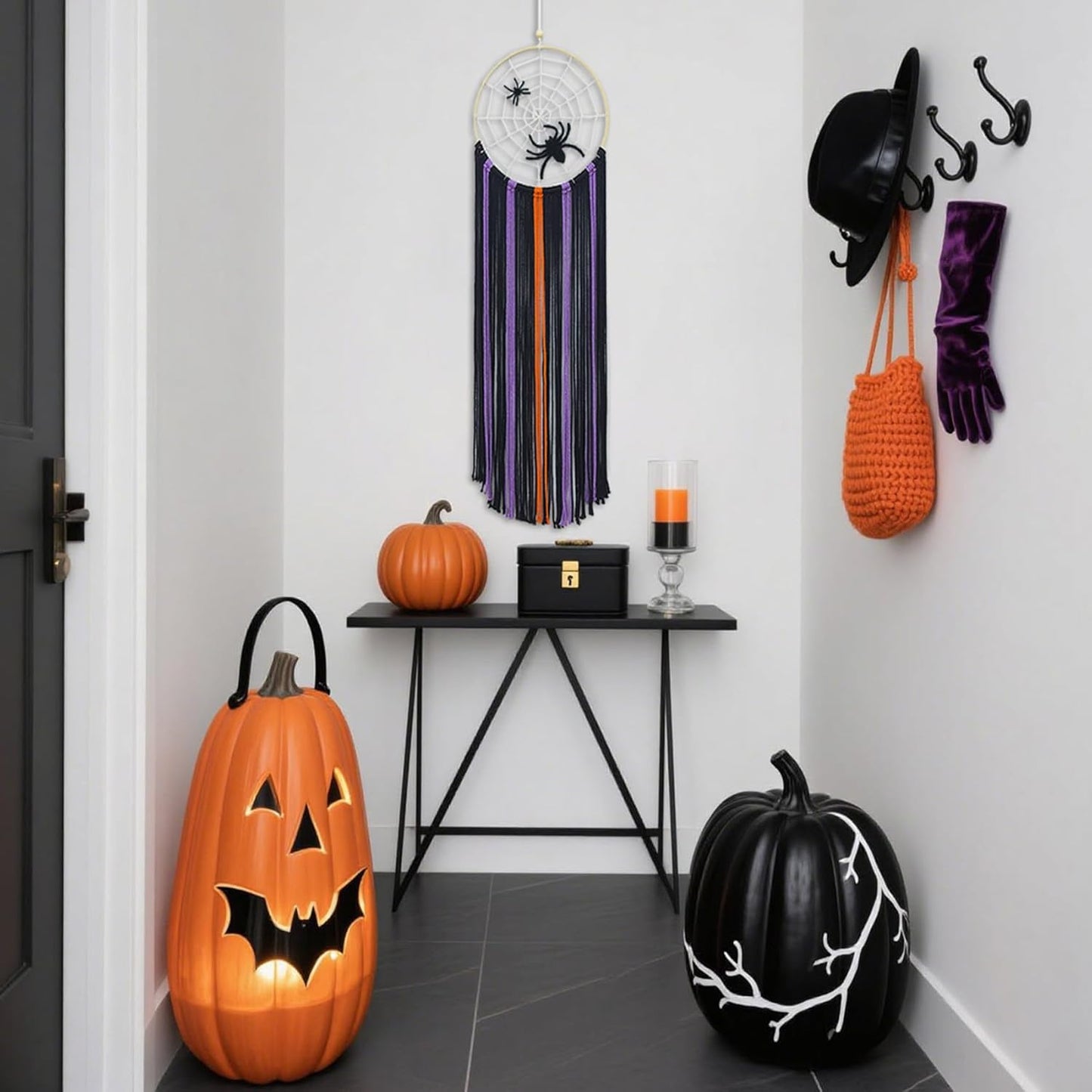 LB Purple Halloween Black Macrame Wall Hanging Spooky Spider Wall Decor Beige Spider Web Purple Black Woven Tassels Tapestry Yarn Macrame Wall Art for Living Room Bedroom Dorm Nursery Home Decoration