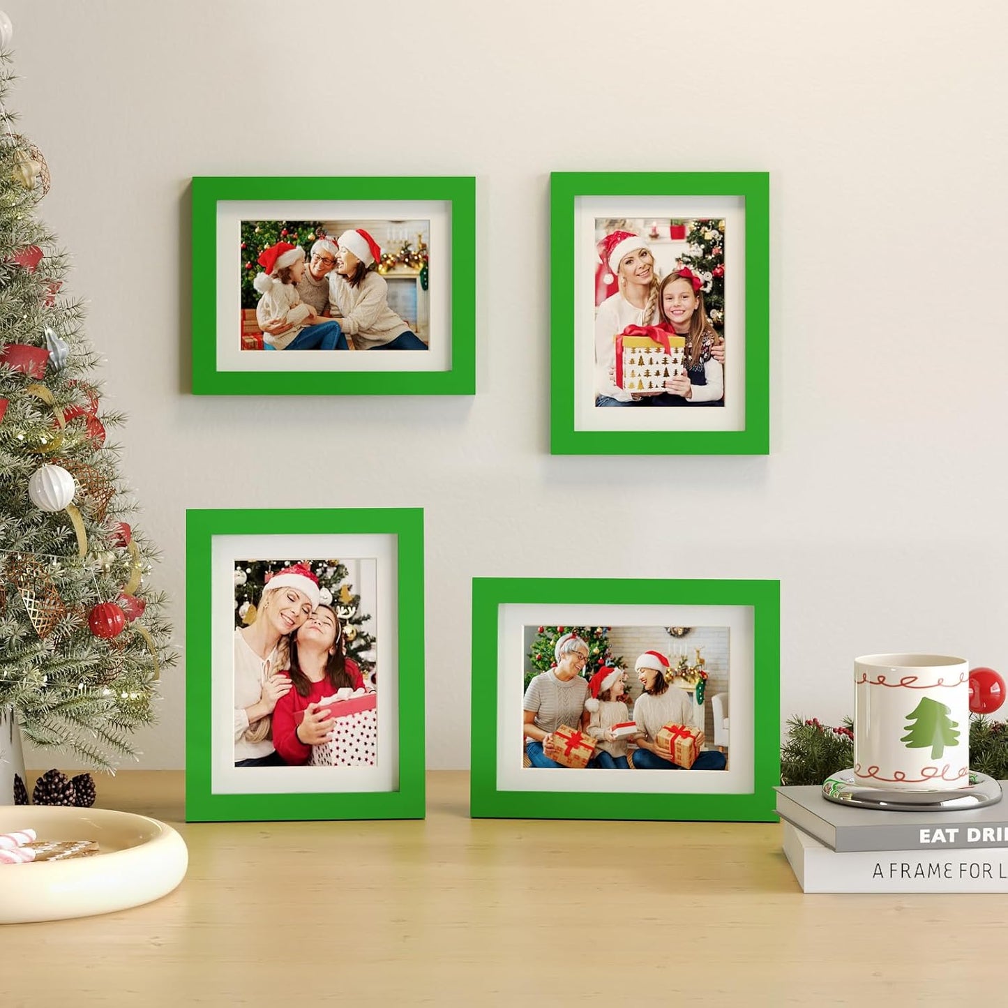 KINLINK 6x8 Picture Frame Grass Green, Solid Wood Frames with Acrylic Plexiglass for Pictures 4x6 with Mat or 6x8 without Mat, Tabletop and Wall Display Photo Frame, 4 Pack