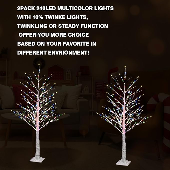 2pack 4FT 240 LED Christmas Birch Tree Multicplor Lights with Twinkle Lights, Twinkling or Steady Function for Selected, Birch Tree with LED Lights for Indoor Outdoor Christmas Tree Decorations