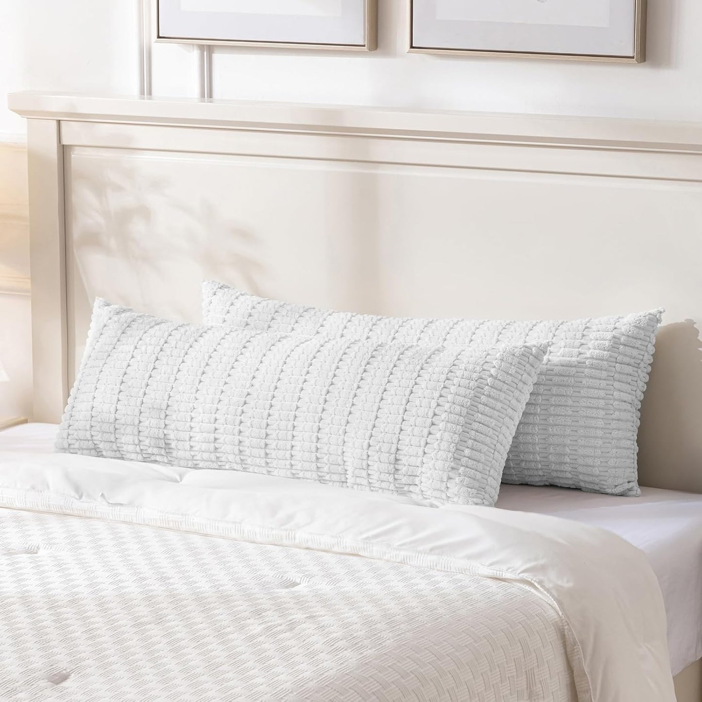 Fancy Homi Pure White Long Body Lumbar Lumbar Decorative Throw Pillow Covers 20x54 Inch for Bed Couch Bedroom Bench, Soft Corduroy Rectangle Solid Pillow Case, Rustic Farmhouse Boho Room Decor