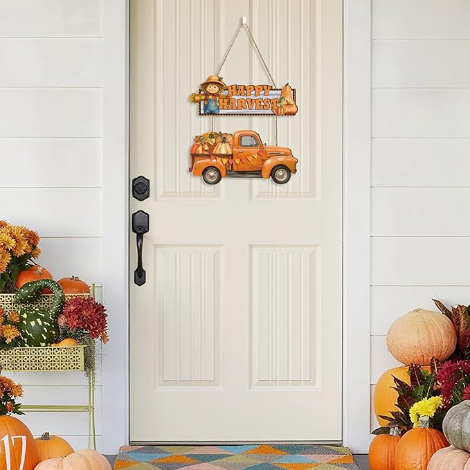 Happy Harvest Door Sign,Happy Thanksgiving Wooden Sign,Fall Truck Decor,Autumn Harvest Wall Plaque,Scarecrow Wall Hanging Sign,Pumpkin Front Door Hanger for Farmhouse Home Indoor Outdoor Yard