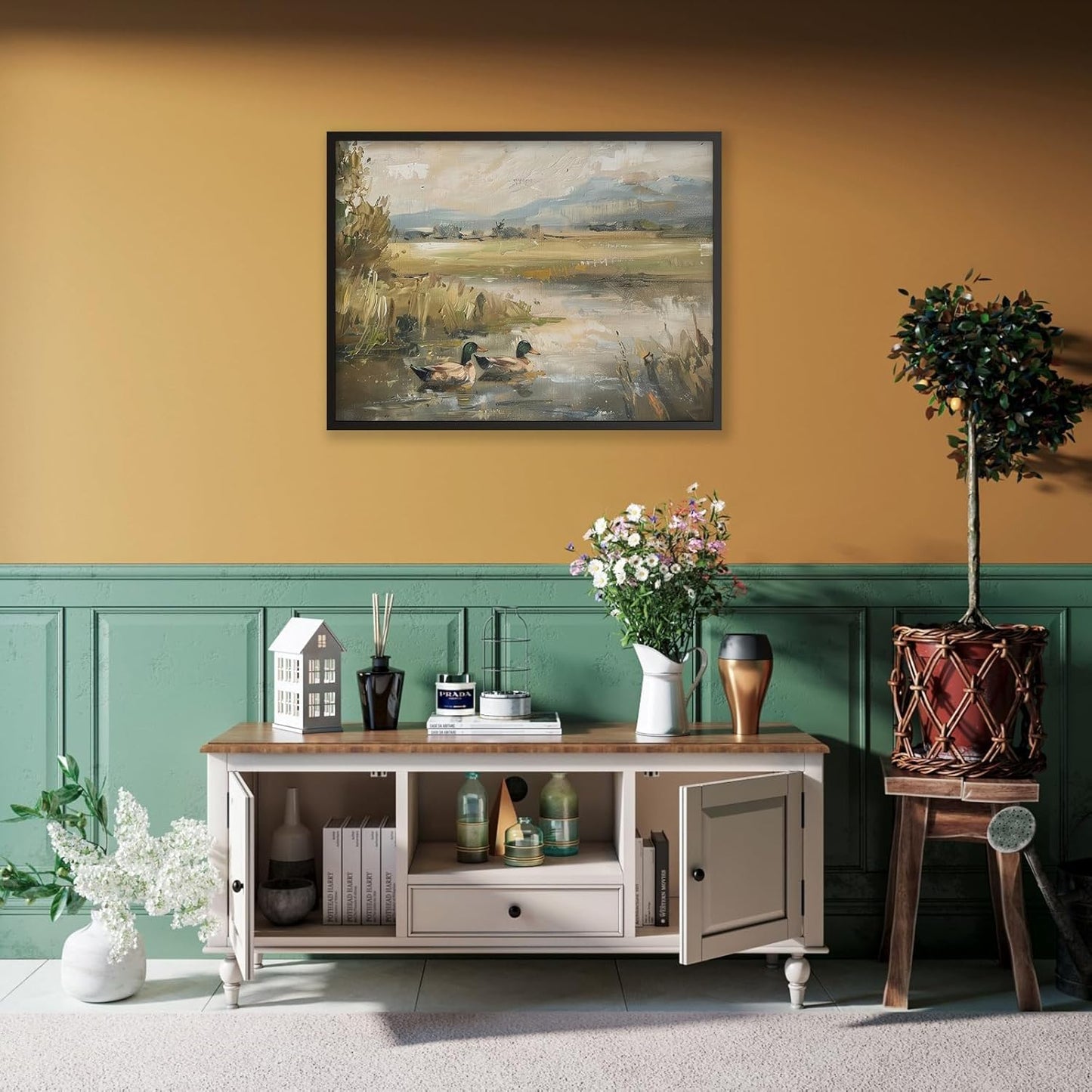 Mallard Duck Pond Poster Animal Farmhouse Canvas Wall Art Vintage Duck Painting Oil Painting 08x10 inch Black Framed Bird Hunter Gift for Rustic Cabin Nursery Wall Decor