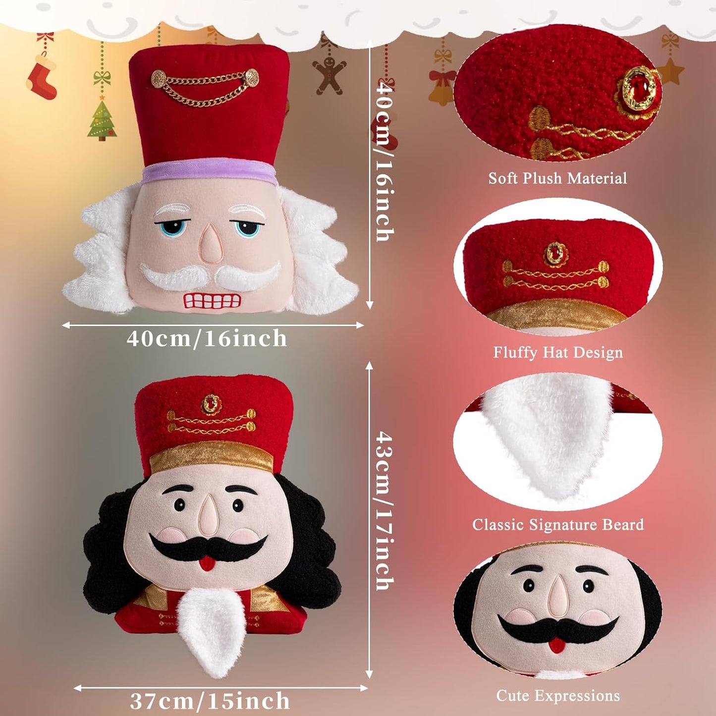 Lanpn Christmas Nutcracker Pillow Set of 2, Christmas Decoration Winter Throw Pillows Soft Cute 3D Shaped Nutcracker Throw Cushion for Sofa Living Room Bedroom Xmas Decor (Red)