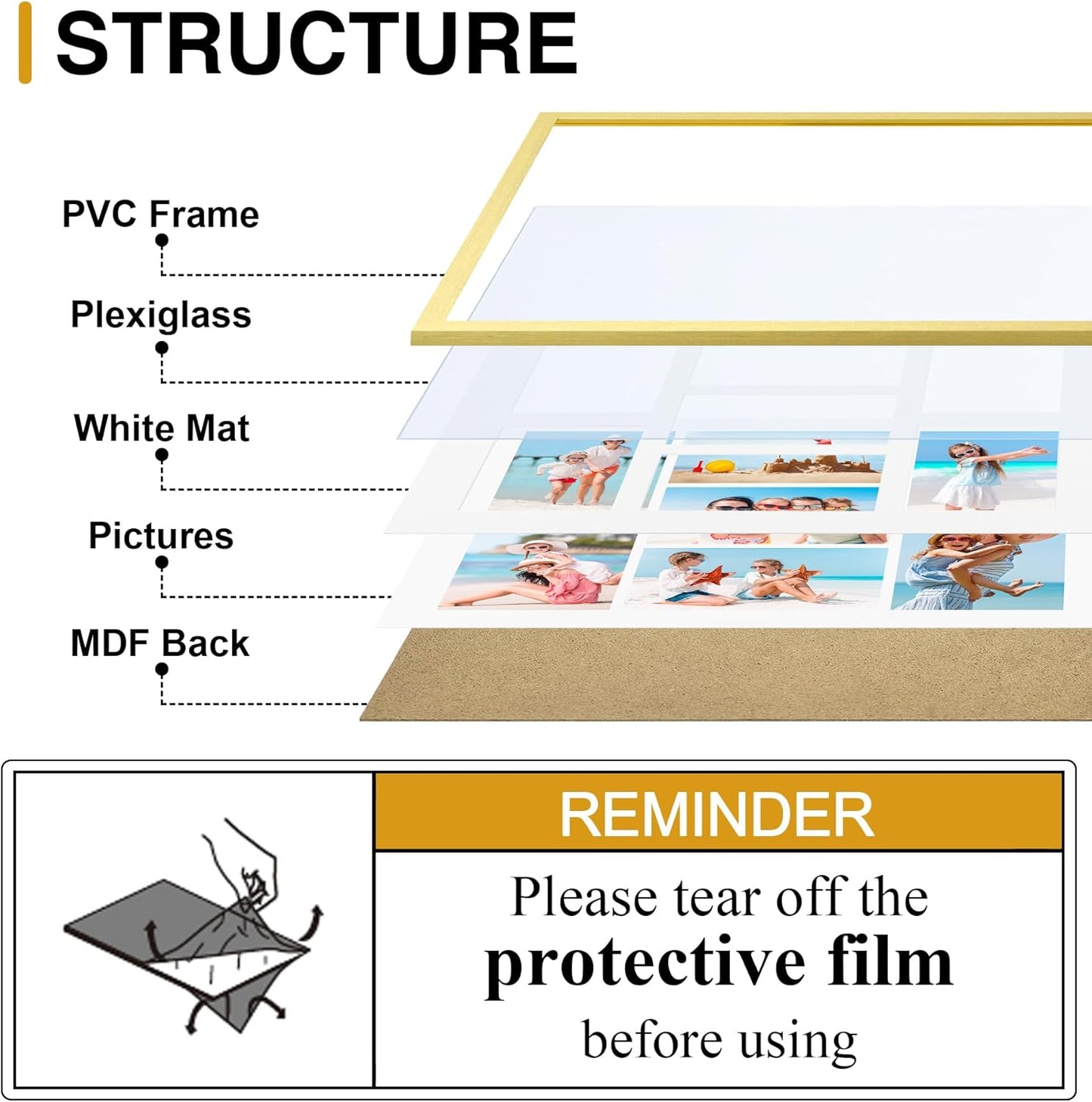 decorUhome 15x17 Picture Frames Collage Wall Decor, Display 7Pcs 4x6 Photos with Mat or 1Pcs 15x17 Unmatted, 7 4x6 Collage Picture Frames for Wall Mounting, Gold