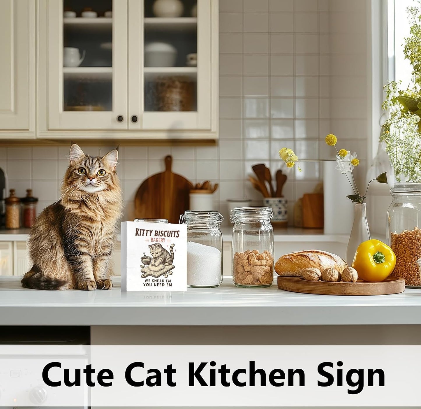 Funny Kitchen Cat Decorations Art Wall Decor Desk Wood Sign for Home, Cute Kitchen Cat Wooden Box Signs, Gifts for Women Cats Lovers, 5x5 inch