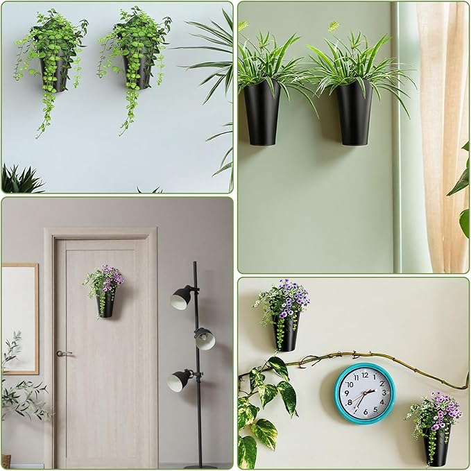 2 Packs Metal Wall Planter Wall Vase Hanging Planters for Artificial Plants Flowers Farmhouse Tall Flower Holder Fake Flowers Vase for Country Home Outdoors Decor(Black)