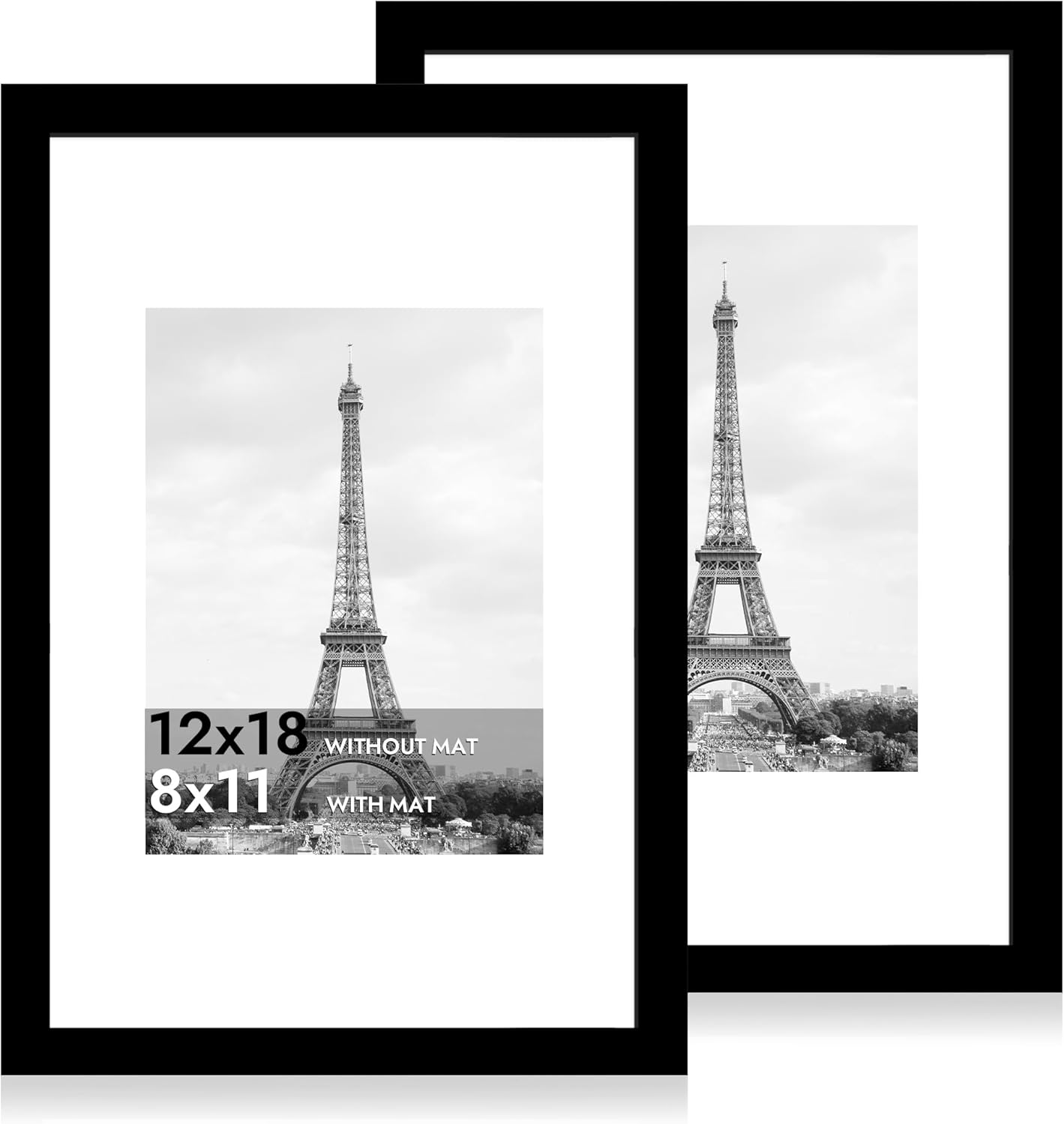 iRahmen 12x18 Picture Frame Set of 2 with Plexiglass, Black Poster Frame Display 8x11 Picture with Mat or 12 x 18 Without Mat, Wood Photo Frame for Horizontal or Vertical Wall Mounting