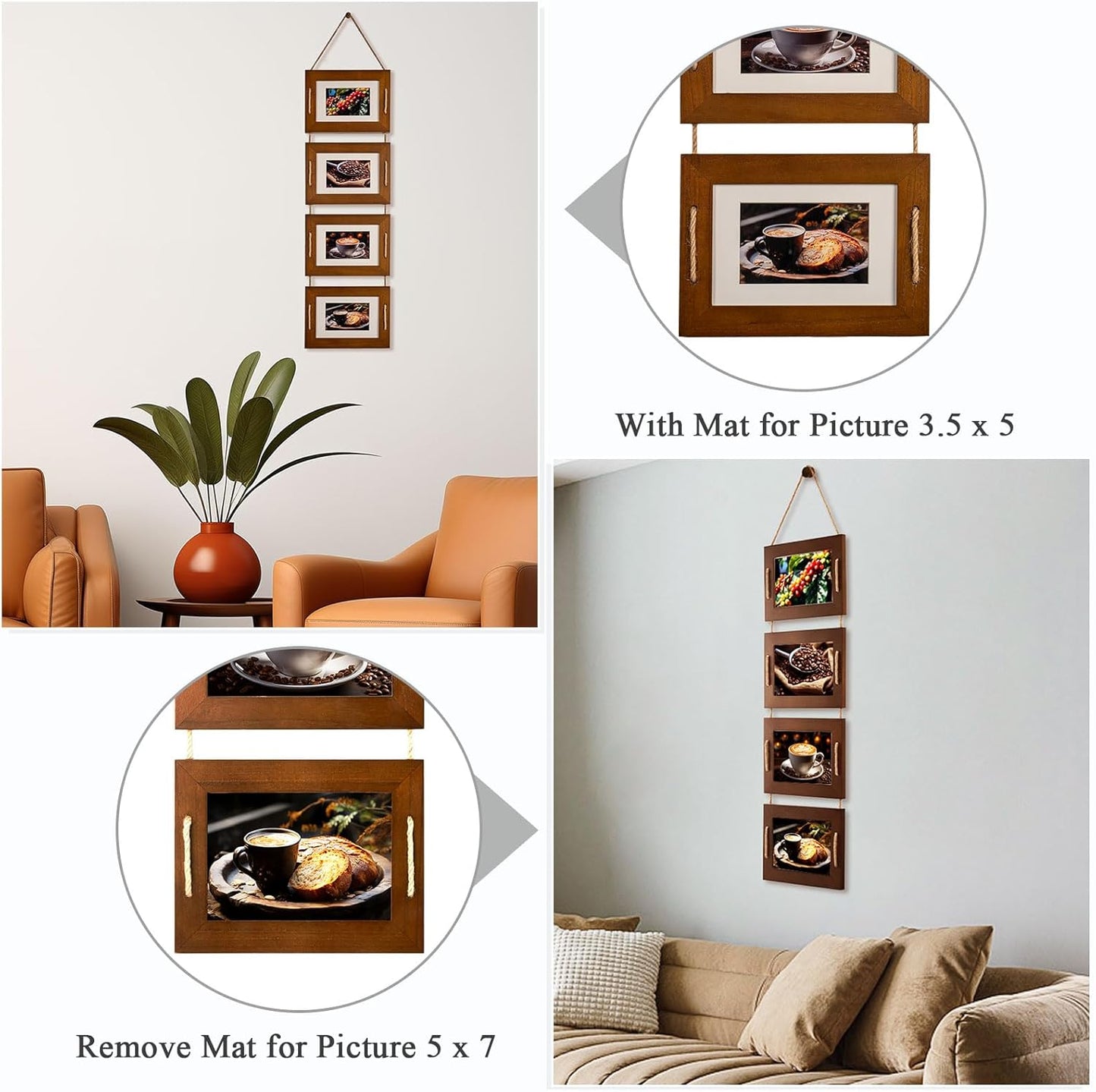 DLQuarts 5x7 Hanging Collage Picture Frames Wall Decor, 4-Opening 5x7 Matted to 3.5x5 Photo Rustic Wood Frame with Hemp Rope, 1 Pack, Dark Walnut