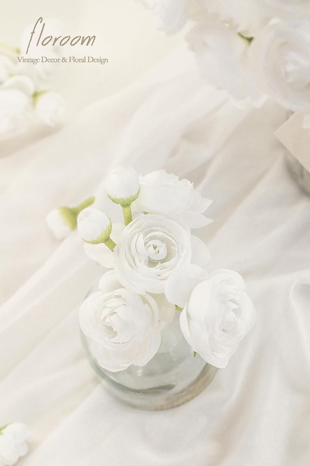 Floroom Ranunculus Artificial Flowers 18 Pcs White Faux Silk Mini Ranunculus Bulk Fake Wedding Filler Flowers for DIY Bouquets, Centerpieces, Bridal Shower Decorations & Arrangements