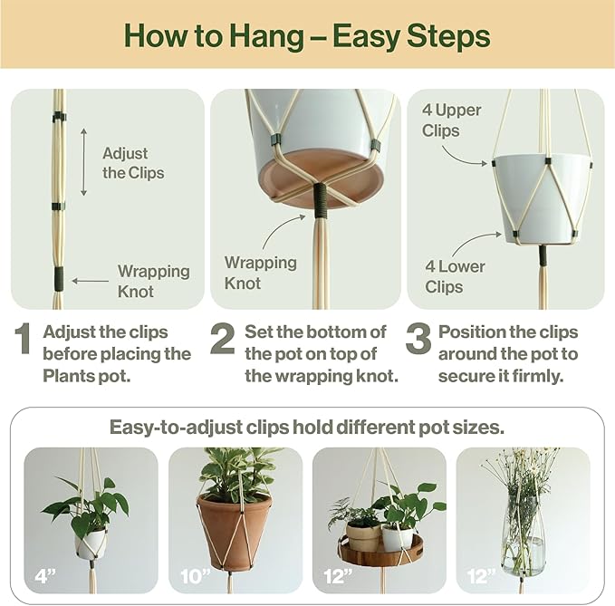 Macrame Plant Hanger Polyester Rope 42 Inch Outdoor Indoor Adjustable Hanging Planter for up to 10 Inch Plant Pot Modern Boho Home Decor (Ivory/Forest Green)