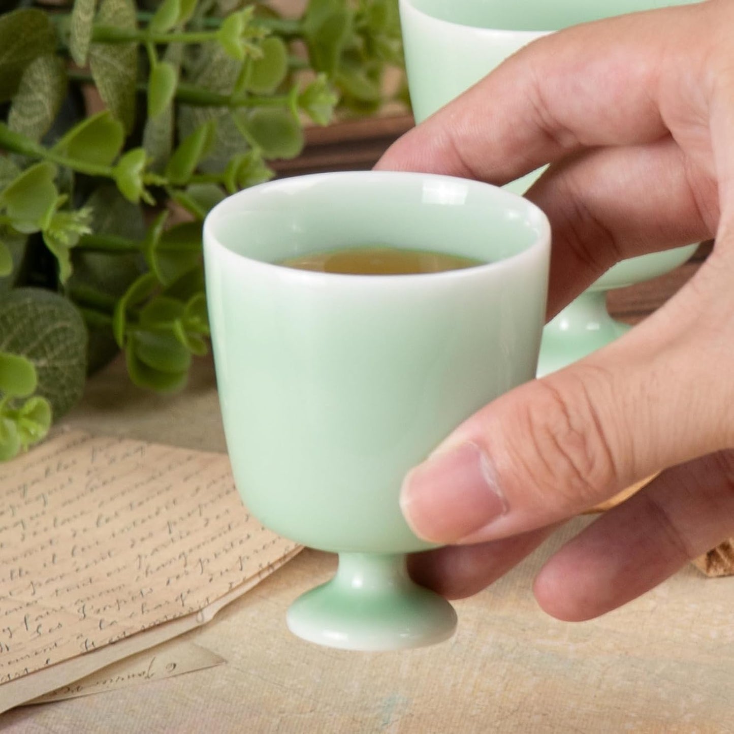 KAMMAK Ceramic Tea Cups Small, Cute Vintage Coffee Cup Set of 2, Porcelain Teacups Espresso Mug, 2.2oz Hand Painted Chinese Afternoon Tea Party Mugs, Birthday Gift for Women Men, Candy Plum