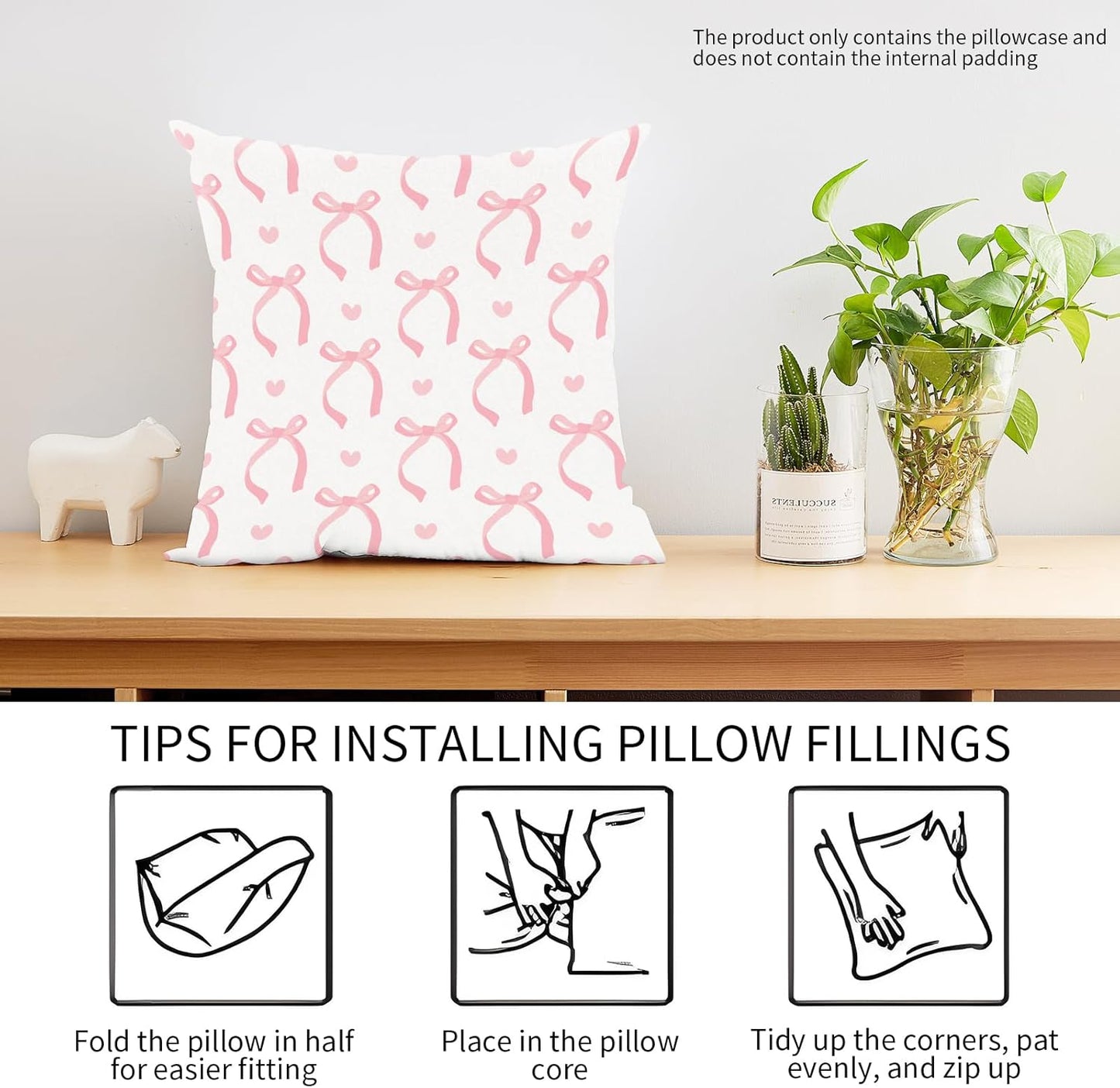 Decorative Throw Pillow Covers 18x18 Inch, Cute Home Decor for Living Room Outdoor Funny Pillowcase Polyester Cushion Case Pink White Bows