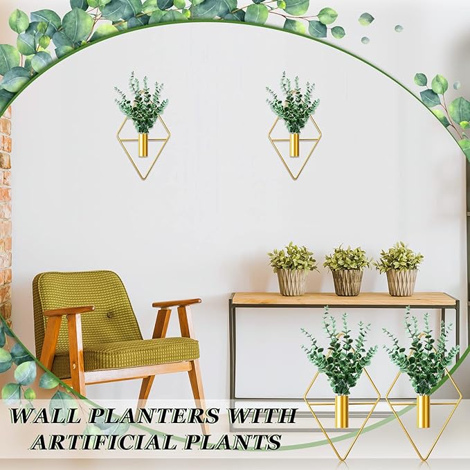 2 Pieces Gold Wall Decor Hanging Planters with Artificial Plants Metal Vase Indoor Plants Holder Modern Geometric Wall Art for Home Bathroom Bedroom Living Room Office(Eucalyptus,Medium)