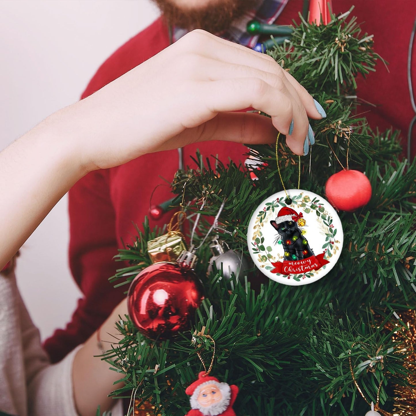 Black Cat Christmas Ornament - Meowy Christmas Tree Decoration, Cat Gifts and Decor, Hanging Ornament