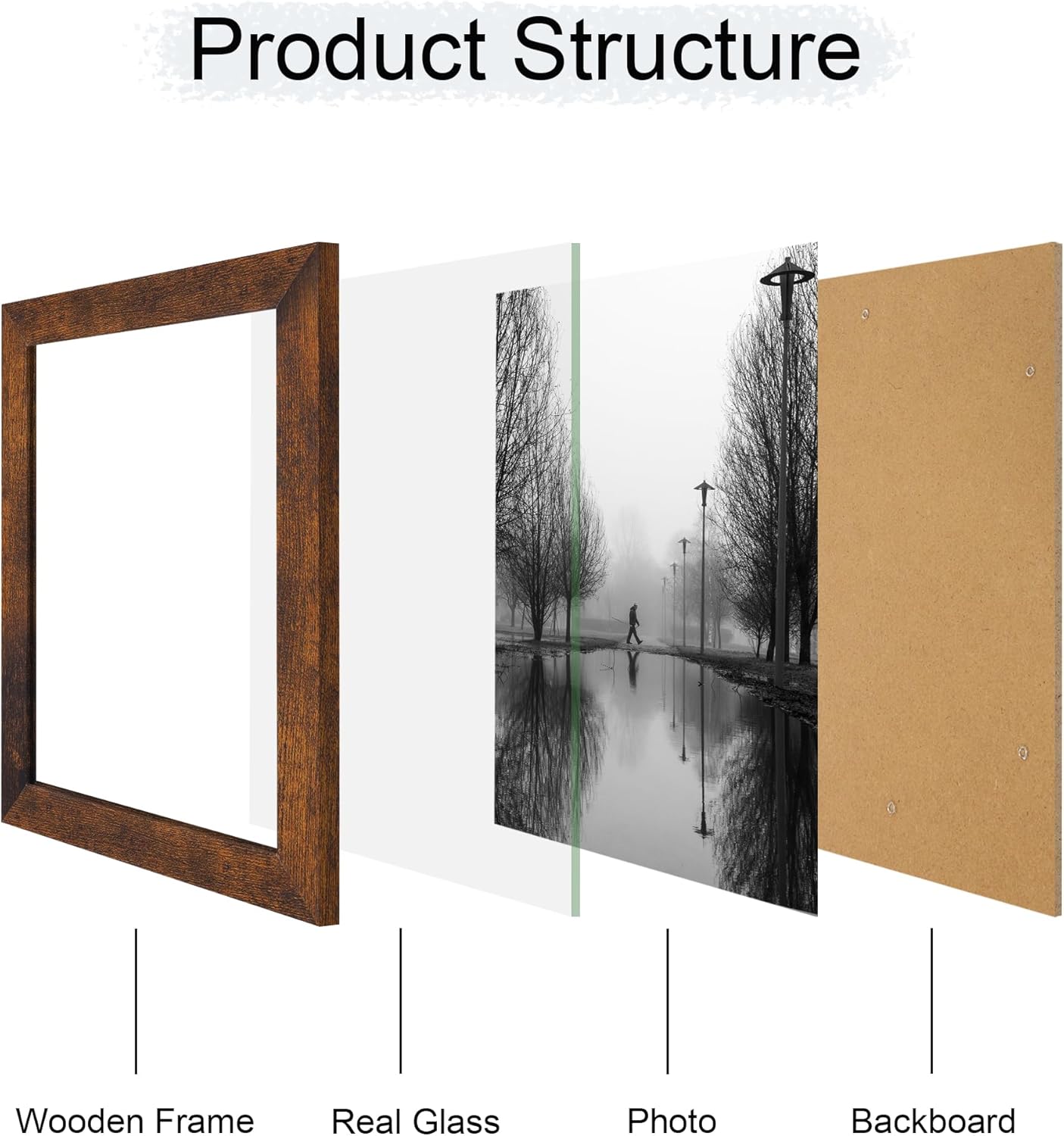 iRahmen 8x10 Picture Frame Set of 4, High Definition Glass 8 x 10 Frame, Wood Rustic Photo Frames for Horizontal or Vertical Display Tabletop and Wall Mounting