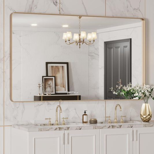 LOAAO 50”X30” Gold Bathroom Mirror, Rounded Rectangle Gold Frame Mirror, Brushed Gold Bathroom Vanity Mirror Wall-Mounted, Anti-Rust, Tempered Glass, Hangs Horizontally or Vertically