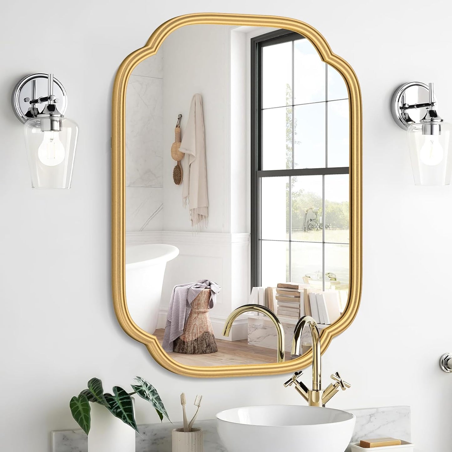 Gold Mirrors for Bathroom, 18" x 24" Rectangular Wall Mirror for Bathroom Metal Frame Farmhouse Rounded Corner Wall Mirror (Horizontal/Vertical)