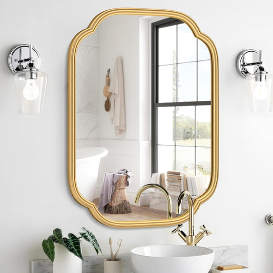 Gold Mirrors for Bathroom, 18" x 24" Rectangular Wall Mirror for Bathroom Metal Frame Farmhouse Rounded Corner Wall Mirror (Horizontal/Vertical)