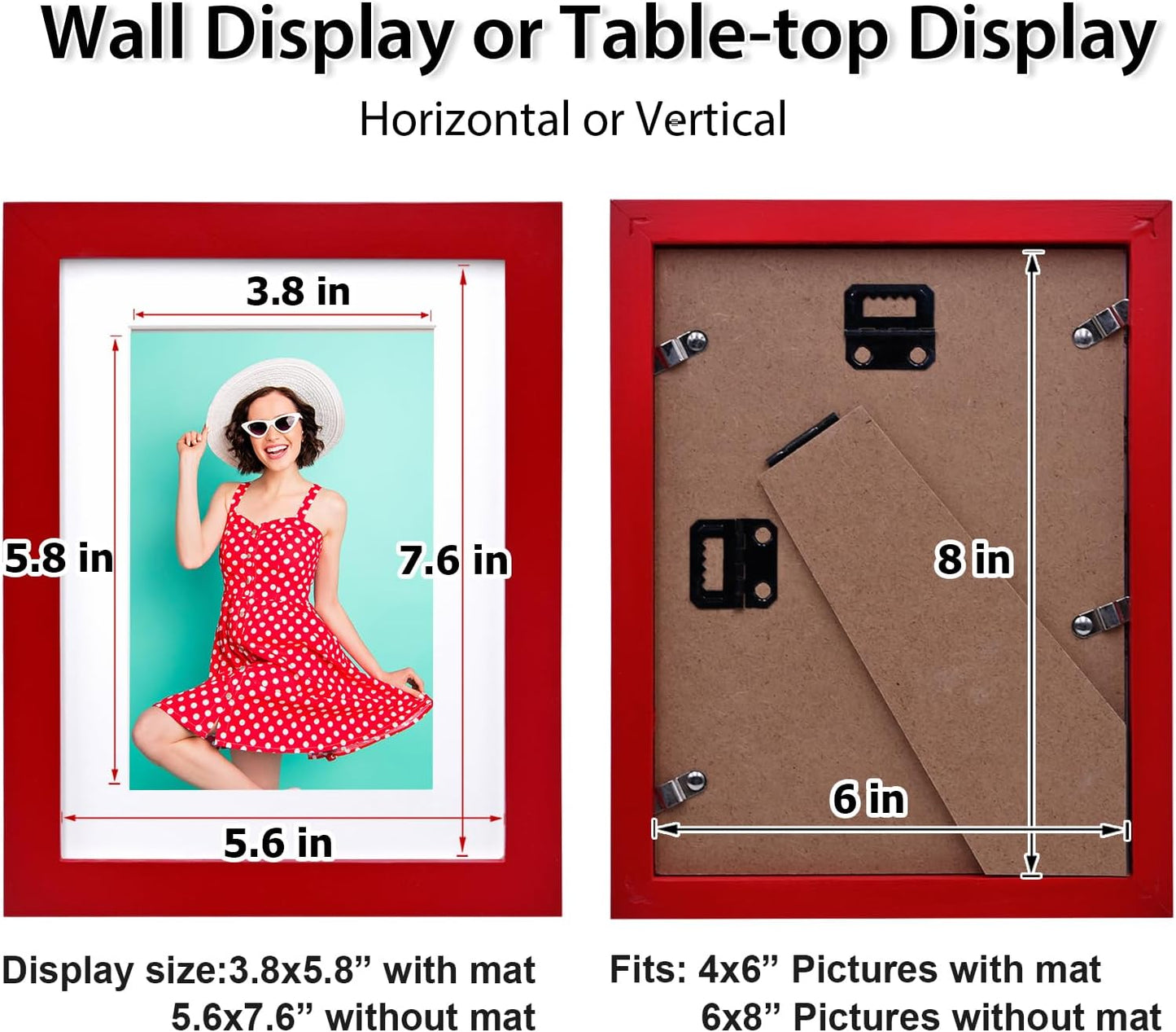 KINLINK 6x8 Picture Frame Red, Solid Wood Frames with Acrylic Plexiglass for Pictures 4x6 with Mat or 6x8 without Mat, Tabletop and Wall Display Photo Frame, Set of 4