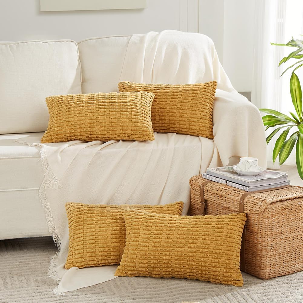 Fancy Homi 4 Packs Mustard Yellow Decorative Throw Pillow Covers 14x24 Inch for Couch Bed Sofa, Rustic Farmhouse Boho Home Decor, Soft Plush Striped Corduroy Square Cushion Case 35x60 cm