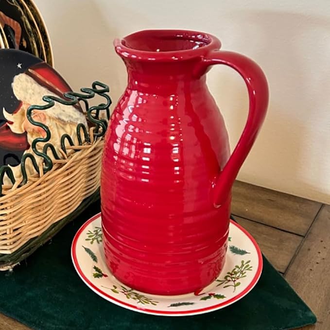 hjn hjn Farmhouse Pitcher Vase for Flowers- Ceramic Pitcher Vase Red Decorative Pitcher for Your Kitchen/Home Decor/Office/Living Room/Bookshelf/Mantel/-Red