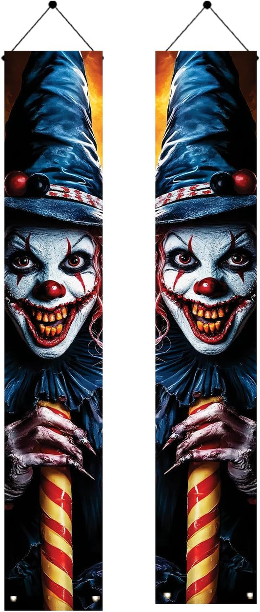 2PCS Halloween Porch Banner Decorations Scary Clown Door Signs 71 x 12 Inch Creepy Outdoor Indoor Halloween Front Door Decor Haunted House Wall Fireplace Hanging Banner Party Supplies