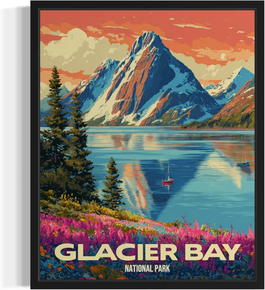Glacier Bay National Park Art Print Poster, Vintage Retro Pop Art Travel Wall Art Bedroom Bathroom Living Room Decor 185 (Glacier Bay, 24 x 36 inches, Unframed)