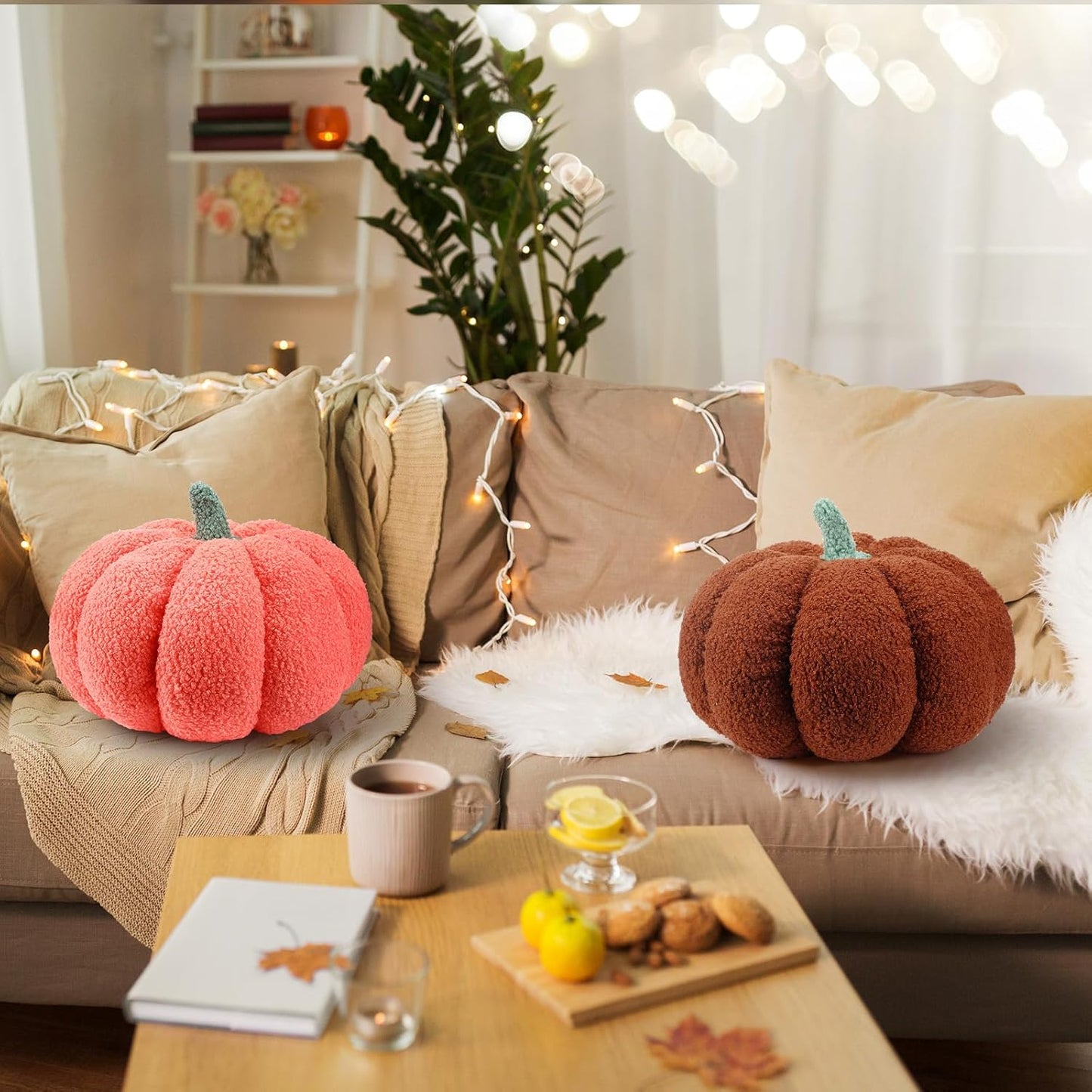 Kajaia 2 Pcs Simulated Pumpkin Pillow Plush 11 x 9.5 Inch 3D Cushion Fall Decorations Stuffed Throw Pillows Toy for Thanksgiving Christmas Halloween Bedroom Sofa Couch Supplies (Orange,Brown)