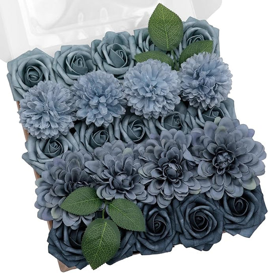TINGE TIME Artificial Flowers Combo Box Set, Dusty Blue Roses Gradient Color Fake Roses with Stems for DIY Wedding Bouquets Table Centerpieces Baby Shower Home Party Floral Arrangements Decorations