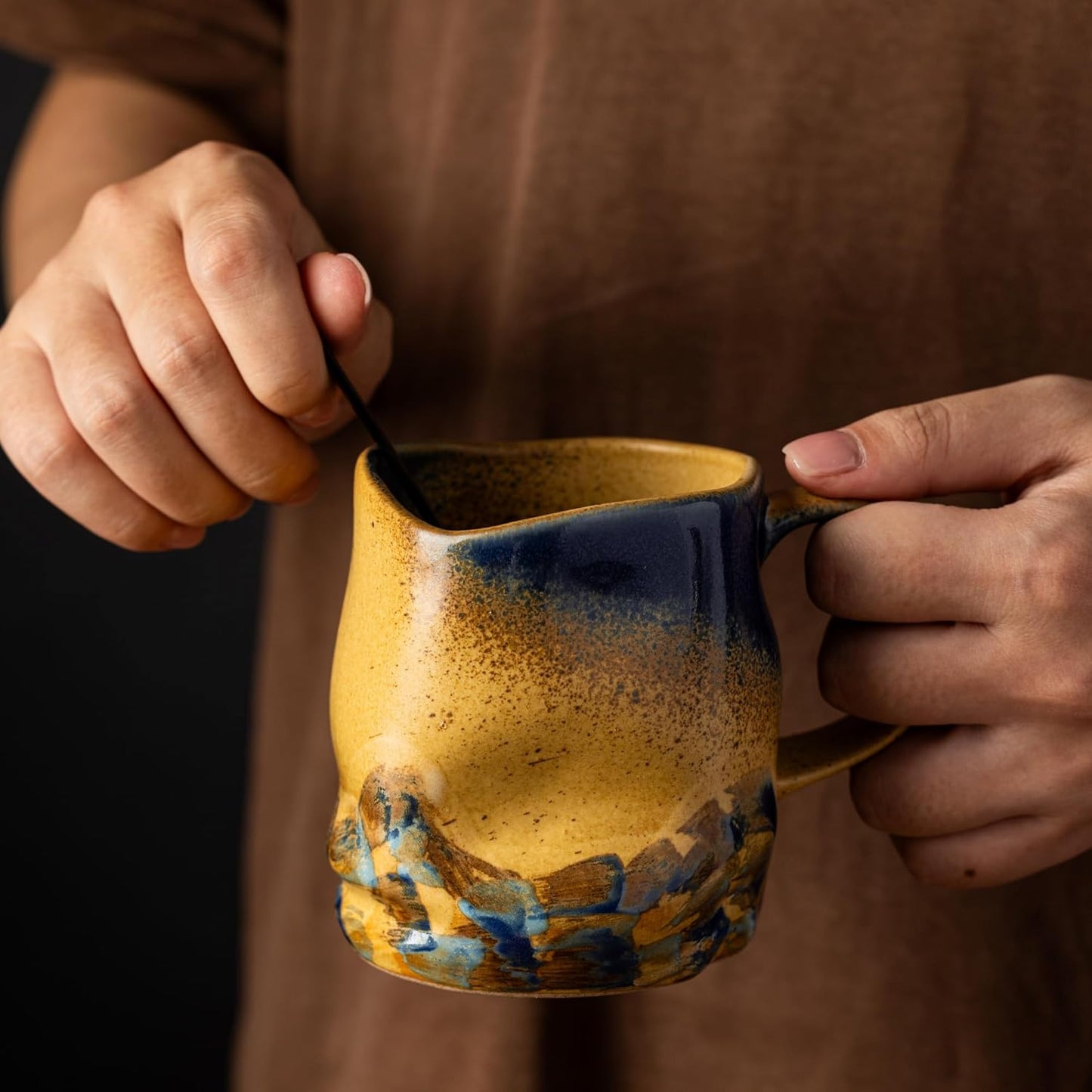 Handmade Ceramic Coffee Mugs, Mugs with Coffee Spoon, 11oz, Handmade Pottery Mug with Handle, Hand-painting, Unique Uneven Surface Tea cups, Dishwasher and Microwave Safe (Yellow)