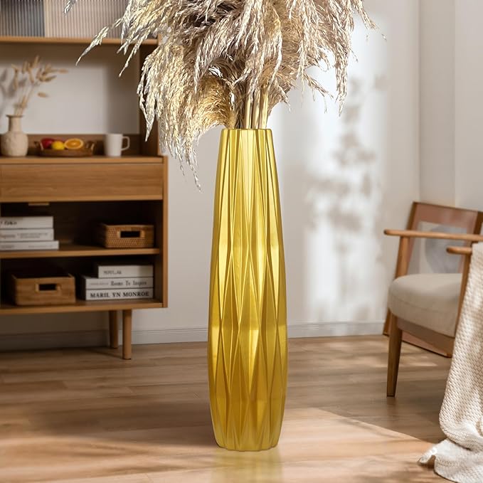 Gold Ceramic Tall Floor Vase,28 Inch Large Modern Flower Vases for Home Décor,Wicker Big Floor Vase Decorations for Farmhouse, Living Room,Bedroom,Standing Plastic Vase Decorative Tall