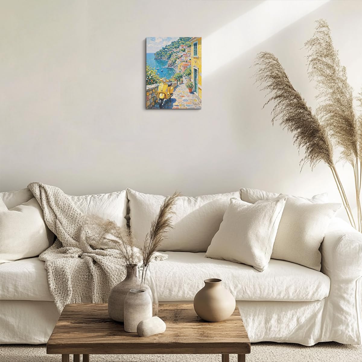 Italy Coast Landscape Wall Art, Italy Motorcycle Summer Watercolor Painting Canvas Framed Prints Modern Decorations, Rustic Theme Flowers Poster for Living Room Entryway Farmhouse Bedroom Dining room