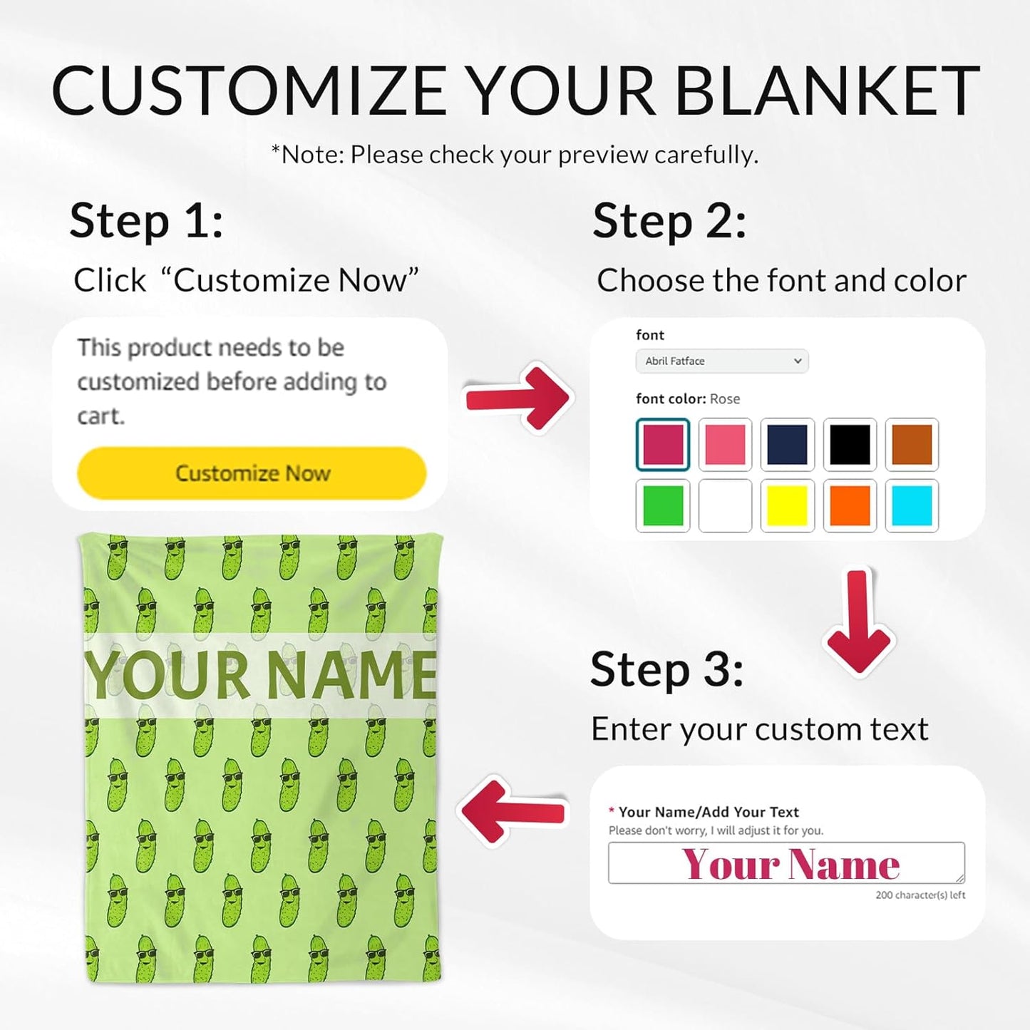 Custom Pickle Blanket for Girls - 50x60 Inches Throw Size with Name - Soft Fuzzy Plush Throws Gift - Green Funny Throw Blanket for Bed, Couch, Sofa