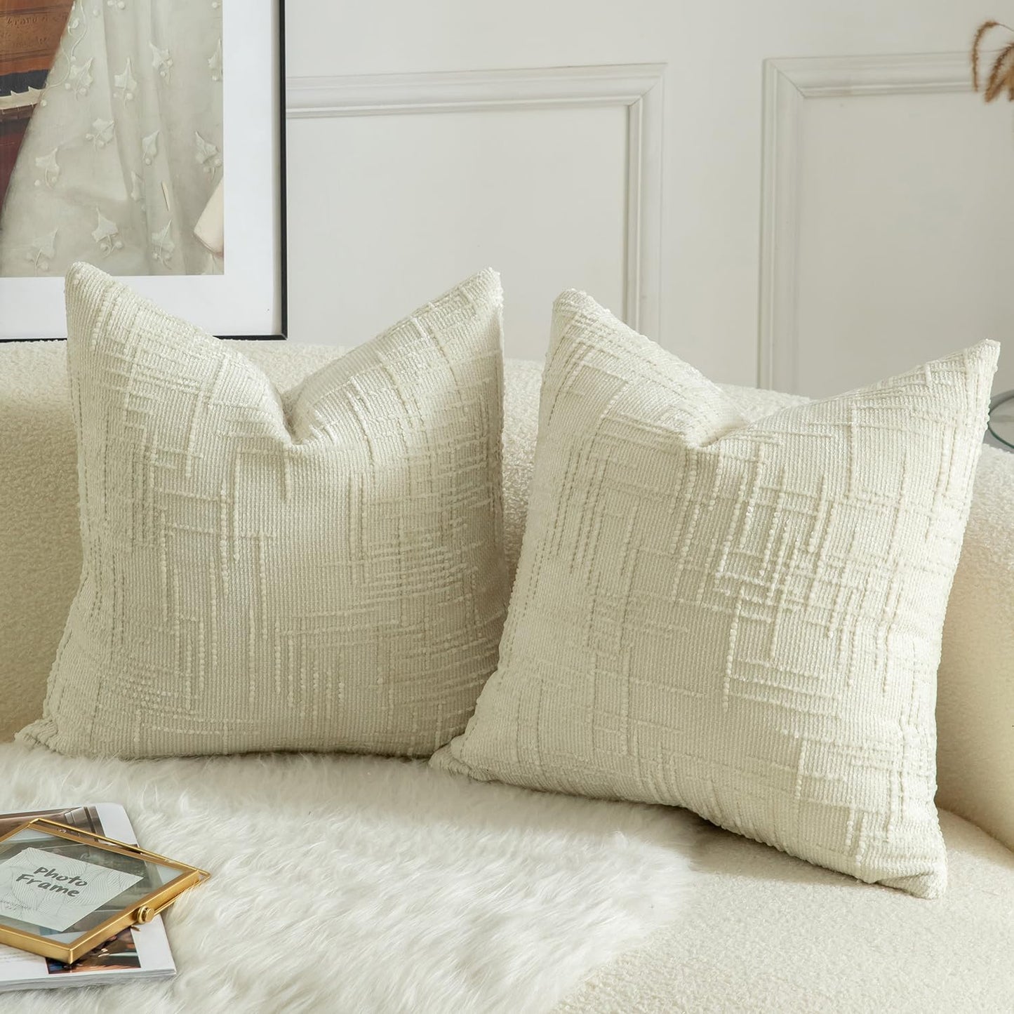 MANDIOO Pack of 2 Soft Chenille Textured Throw Pillow Covers Square Accent Solid Decorative Cushion Cover Cozy Farmhouse Pillow Case for Couch Sofa Bed Living Room 18x18 Inch Cream White