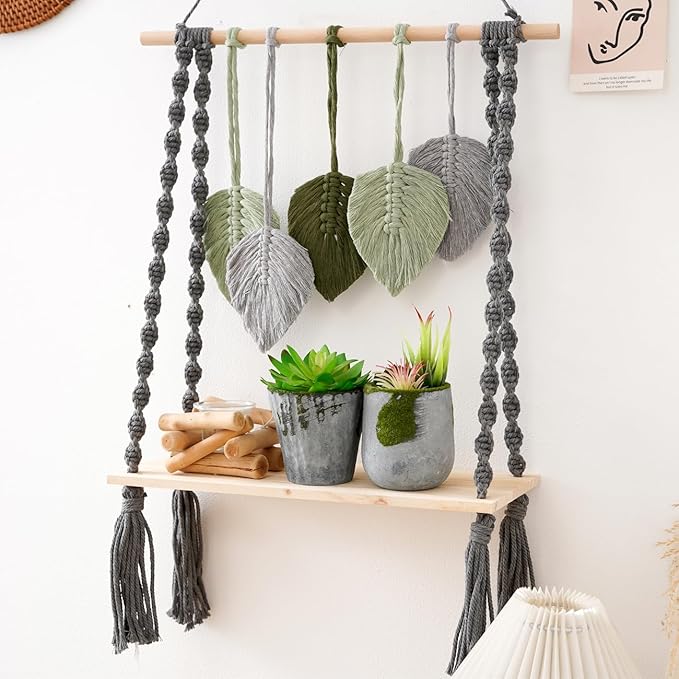 Macrame Wall Hanging Shelf, Bohemian Woven Tapestry Chic Woven Leaf Tassels Home Deco, Boho Handmade Wall Art Floating Shelf for Living Room, Bedroom, Nursery Backdrop, Apartment (Green+Grey)
