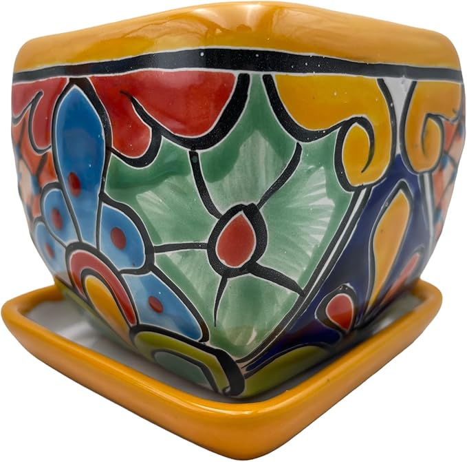 Talavera Square Planter Pot w/Saucer Folk Art Multicolor Mexican Pottery Home Decor Hand Painted Handmade Indoor Outdoor (Multi 9)