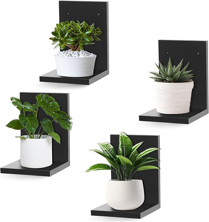 PHOENANCEE Small Wall Shelf Modern,Wooden Mini Floating Shelves,Indoor Wall Mounted Plants Shelf L Shaped,Midcentury Display Decorative Holder for Gallery Living Room Bedroom Porch,Pine,4 Pack(Black)
