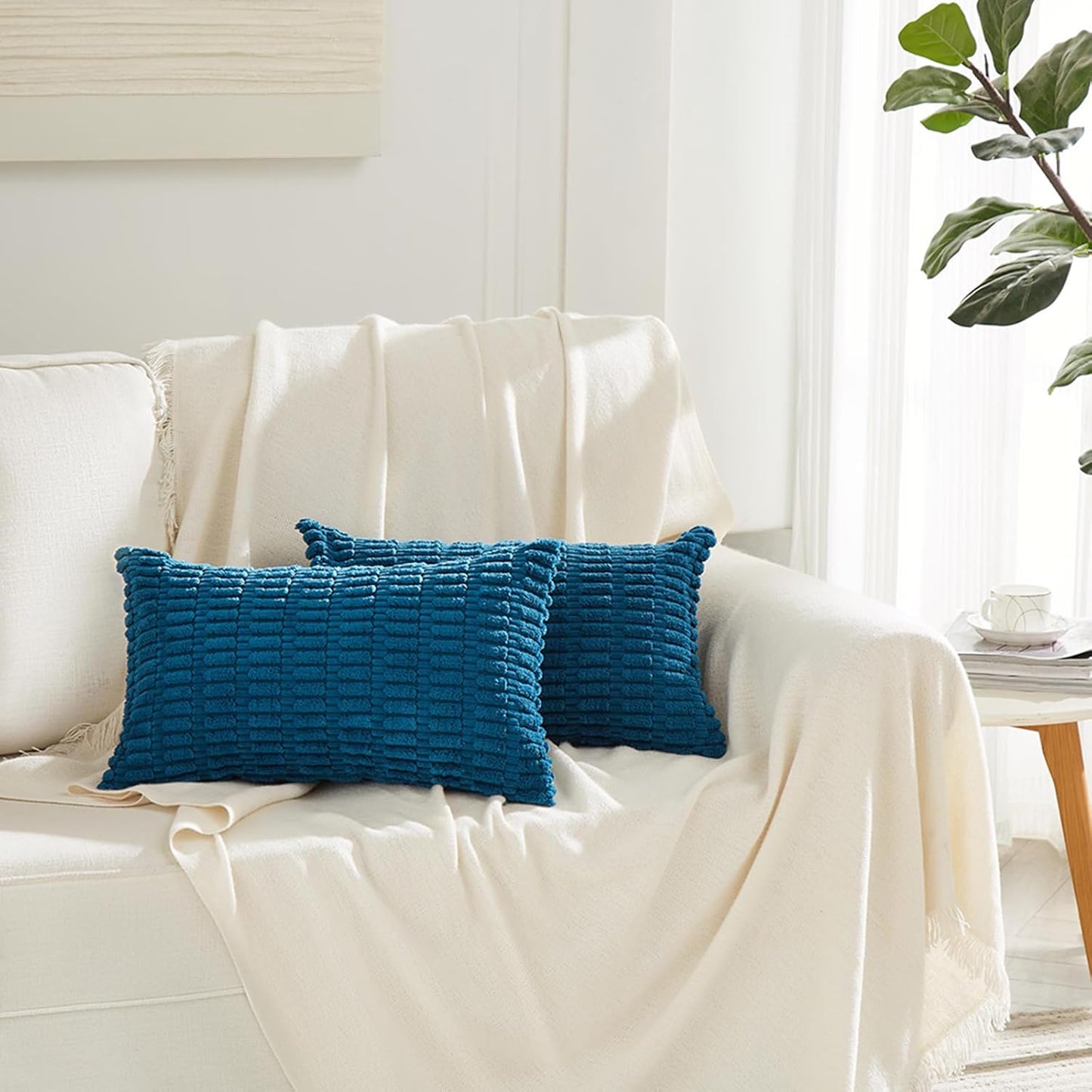 Fancy Homi 4 Packs Teal Lumbar Decorative Throw Pillow Covers 12x20 Inch for Living Room Couch Bed Sofa, Farmhouse Boho Home Decor, Soft Striped Corduroy Rectangle Cushion Case 30x50 cm